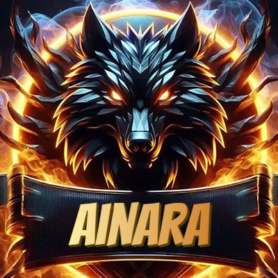 Diseño agresivo y poderoso de cabeza de lobo con ojos brillantes y halo de fuego, nombre incluido. - Ainara