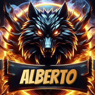 Diseño agresivo y poderoso de cabeza de lobo con ojos brillantes y halo de fuego, nombre incluido. - Alberto