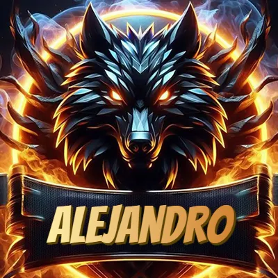 Diseño agresivo y poderoso de cabeza de lobo con ojos brillantes y halo de fuego, nombre incluido. - Alejandro Diseño agresivo y poderoso de cabeza de lobo con ojos brillantes y halo de fuego, nombre incluido. - Alejandro