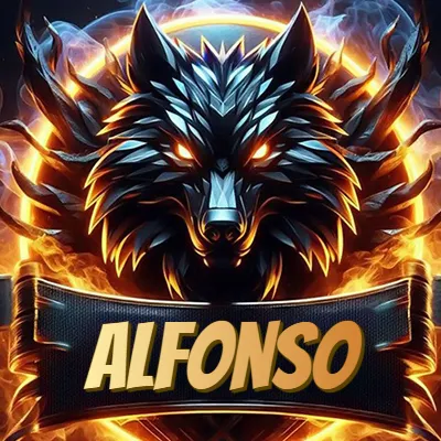 Diseño agresivo y poderoso de cabeza de lobo con ojos brillantes y halo de fuego, nombre incluido. - Alfonso Diseño agresivo y poderoso de cabeza de lobo con ojos brillantes y halo de fuego, nombre incluido. - Alfonso