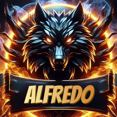 Diseño agresivo y poderoso de cabeza de lobo con ojos brillantes y halo de fuego, nombre incluido. - Alfredo Diseño agresivo y poderoso de cabeza de lobo con ojos brillantes y halo de fuego, nombre incluido. - Alfredo