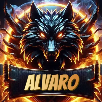 Diseño agresivo y poderoso de cabeza de lobo con ojos brillantes y halo de fuego, nombre incluido. - Alvaro