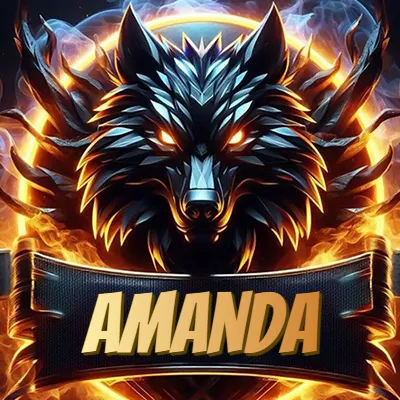 Diseño agresivo y poderoso de cabeza de lobo con ojos brillantes y halo de fuego, nombre incluido. - Amanda