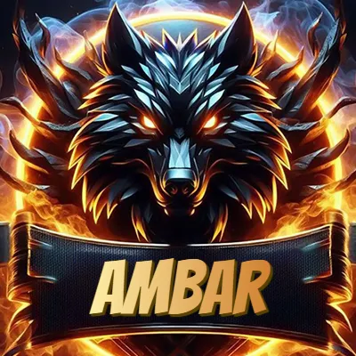 Diseño agresivo y poderoso de cabeza de lobo con ojos brillantes y halo de fuego, nombre incluido. - Ambar