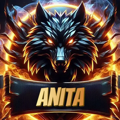 Diseño agresivo y poderoso de cabeza de lobo con ojos brillantes y halo de fuego, nombre incluido. - Anita