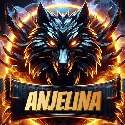 Diseño agresivo y poderoso de cabeza de lobo con ojos brillantes y halo de fuego, nombre incluido. - Anjelina