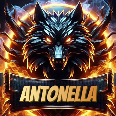 Diseño agresivo y poderoso de cabeza de lobo con ojos brillantes y halo de fuego, nombre incluido. - Antonella