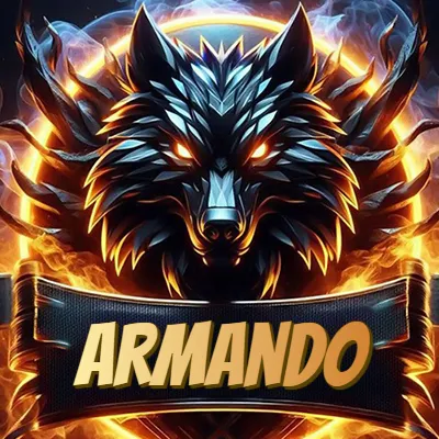 Diseño agresivo y poderoso de cabeza de lobo con ojos brillantes y halo de fuego, nombre incluido. - Armando