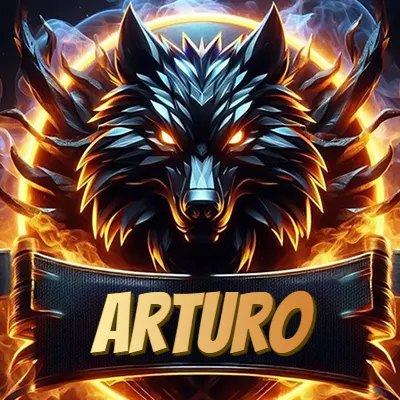 Diseño agresivo y poderoso de cabeza de lobo con ojos brillantes y halo de fuego, nombre incluido. - Arturo