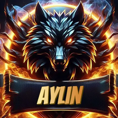 Diseño agresivo y poderoso de cabeza de lobo con ojos brillantes y halo de fuego, nombre incluido. - Aylin