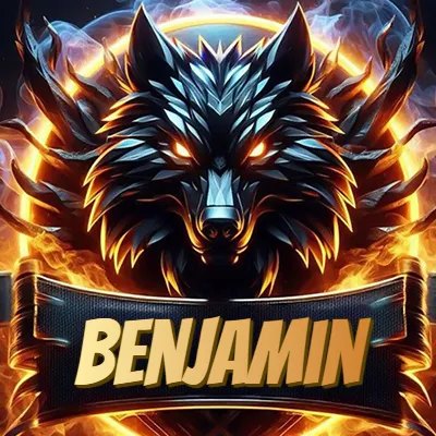 Diseño agresivo y poderoso de cabeza de lobo con ojos brillantes y halo de fuego, nombre incluido. - Benjamin Diseño agresivo y poderoso de cabeza de lobo con ojos brillantes y halo de fuego, nombre incluido. - Benjamin