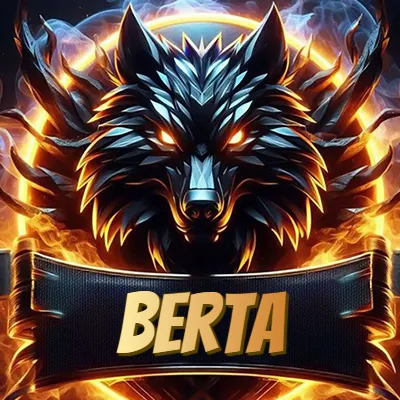 Diseño agresivo y poderoso de cabeza de lobo con ojos brillantes y halo de fuego, nombre incluido. - Berta Diseño agresivo y poderoso de cabeza de lobo con ojos brillantes y halo de fuego, nombre incluido. - Berta