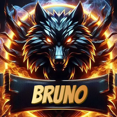 Diseño agresivo y poderoso de cabeza de lobo con ojos brillantes y halo de fuego, nombre incluido. - Bruno