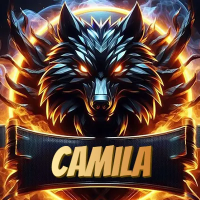 Diseño agresivo y poderoso de cabeza de lobo con ojos brillantes y halo de fuego, nombre incluido. - Camila