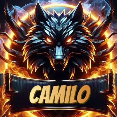 Diseño agresivo y poderoso de cabeza de lobo con ojos brillantes y halo de fuego, nombre incluido. - Camilo
