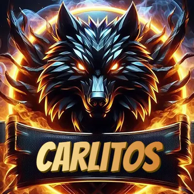 Diseño agresivo y poderoso de cabeza de lobo con ojos brillantes y halo de fuego, nombre incluido. - Carlitos