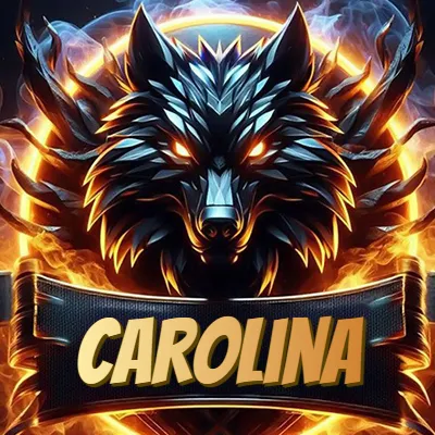 Diseño agresivo y poderoso de cabeza de lobo con ojos brillantes y halo de fuego, nombre incluido. - Carolina