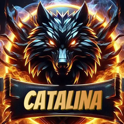 Diseño agresivo y poderoso de cabeza de lobo con ojos brillantes y halo de fuego, nombre incluido. - Catalina