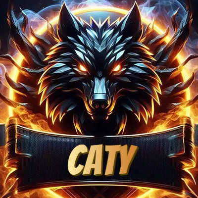 Diseño agresivo y poderoso de cabeza de lobo con ojos brillantes y halo de fuego, nombre incluido. - Caty