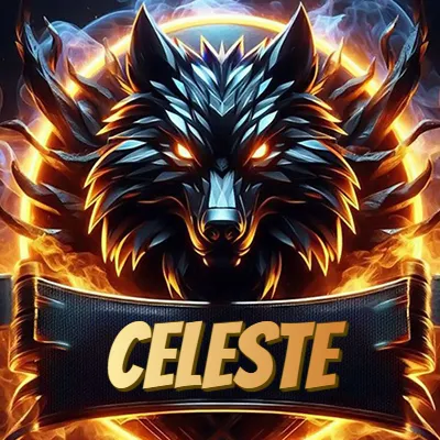 Diseño agresivo y poderoso de cabeza de lobo con ojos brillantes y halo de fuego, nombre incluido. - Celeste