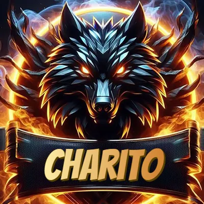 Diseño agresivo y poderoso de cabeza de lobo con ojos brillantes y halo de fuego, nombre incluido. - Charito