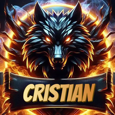 Diseño agresivo y poderoso de cabeza de lobo con ojos brillantes y halo de fuego, nombre incluido. - Cristian