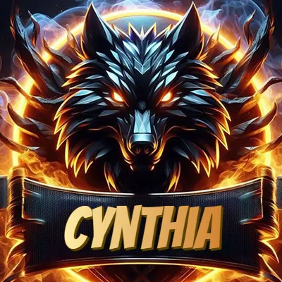 Diseño agresivo y poderoso de cabeza de lobo con ojos brillantes y halo de fuego, nombre incluido. - Cynthia