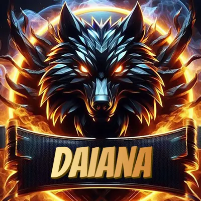 Diseño agresivo y poderoso de cabeza de lobo con ojos brillantes y halo de fuego, nombre incluido. - Daiana