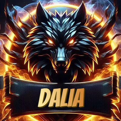 Diseño agresivo y poderoso de cabeza de lobo con ojos brillantes y halo de fuego, nombre incluido. - Dalia