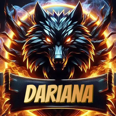 Diseño agresivo y poderoso de cabeza de lobo con ojos brillantes y halo de fuego, nombre incluido. - Dariana