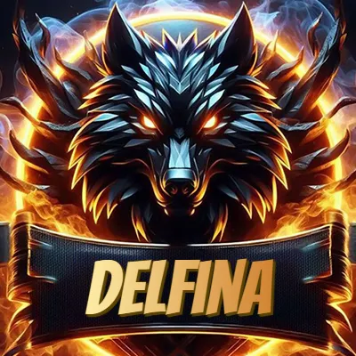 Diseño agresivo y poderoso de cabeza de lobo con ojos brillantes y halo de fuego, nombre incluido. - Delfina