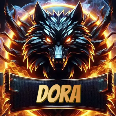 Diseño agresivo y poderoso de cabeza de lobo con ojos brillantes y halo de fuego, nombre incluido. - Dora Diseño agresivo y poderoso de cabeza de lobo con ojos brillantes y halo de fuego, nombre incluido. - Dora