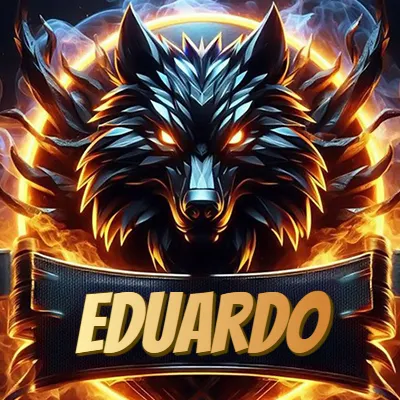 Diseño agresivo y poderoso de cabeza de lobo con ojos brillantes y halo de fuego, nombre incluido. - Eduardo