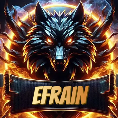 Diseño agresivo y poderoso de cabeza de lobo con ojos brillantes y halo de fuego, nombre incluido. - Efrain