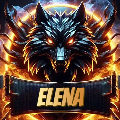Diseño agresivo y poderoso de cabeza de lobo con ojos brillantes y halo de fuego, nombre incluido. - Elena Diseño agresivo y poderoso de cabeza de lobo con ojos brillantes y halo de fuego, nombre incluido. - Elena