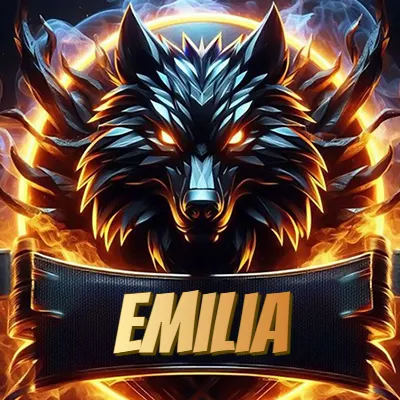 Diseño agresivo y poderoso de cabeza de lobo con ojos brillantes y halo de fuego, nombre incluido. - Emilia