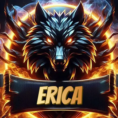 Diseño agresivo y poderoso de cabeza de lobo con ojos brillantes y halo de fuego, nombre incluido. - Erica