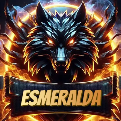 Diseño agresivo y poderoso de cabeza de lobo con ojos brillantes y halo de fuego, nombre incluido. - Esmeralda