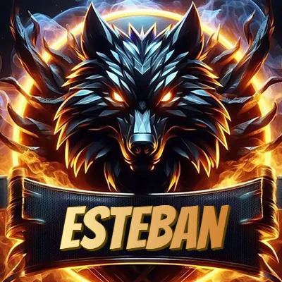 Diseño agresivo y poderoso de cabeza de lobo con ojos brillantes y halo de fuego, nombre incluido. - Esteban