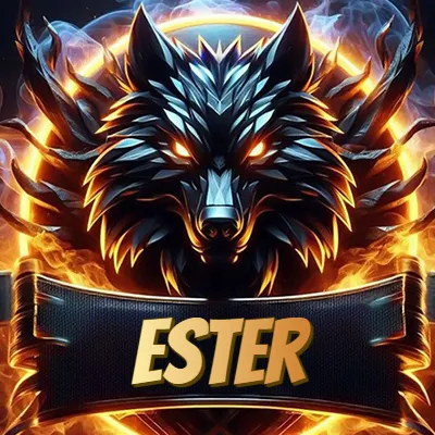Diseño agresivo y poderoso de cabeza de lobo con ojos brillantes y halo de fuego, nombre incluido. - Ester Diseño agresivo y poderoso de cabeza de lobo con ojos brillantes y halo de fuego, nombre incluido. - Ester
