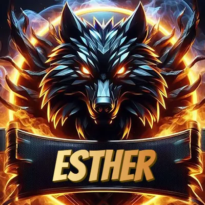 Diseño agresivo y poderoso de cabeza de lobo con ojos brillantes y halo de fuego, nombre incluido. - Esther Diseño agresivo y poderoso de cabeza de lobo con ojos brillantes y halo de fuego, nombre incluido. - Esther