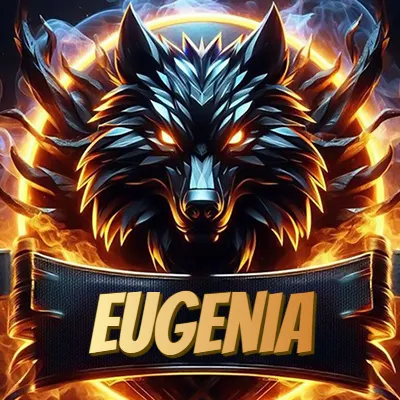 Diseño agresivo y poderoso de cabeza de lobo con ojos brillantes y halo de fuego, nombre incluido. - Eugenia Diseño agresivo y poderoso de cabeza de lobo con ojos brillantes y halo de fuego, nombre incluido. - Eugenia