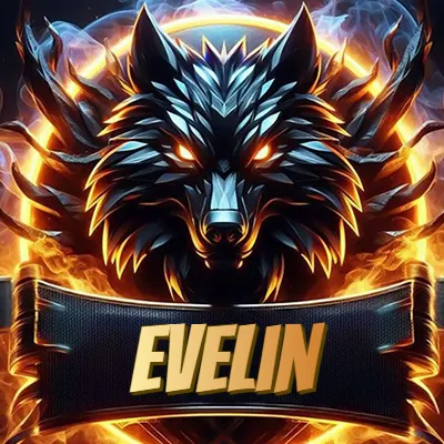 Diseño agresivo y poderoso de cabeza de lobo con ojos brillantes y halo de fuego, nombre incluido. - Evelin