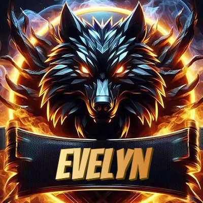 Diseño agresivo y poderoso de cabeza de lobo con ojos brillantes y halo de fuego, nombre incluido. - Evelyn