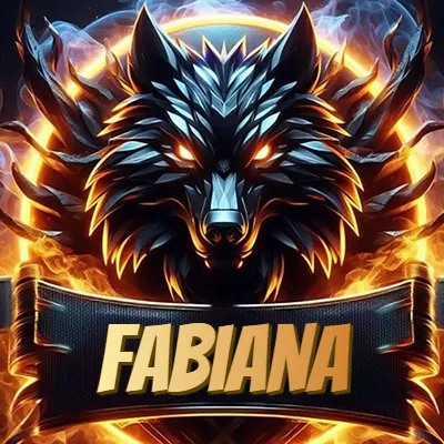 Diseño agresivo y poderoso de cabeza de lobo con ojos brillantes y halo de fuego, nombre incluido. - Fabiana