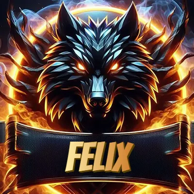 Diseño agresivo y poderoso de cabeza de lobo con ojos brillantes y halo de fuego, nombre incluido. - Felix Diseño agresivo y poderoso de cabeza de lobo con ojos brillantes y halo de fuego, nombre incluido. - Felix