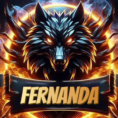 Diseño agresivo y poderoso de cabeza de lobo con ojos brillantes y halo de fuego, nombre incluido. - Fernanda Diseño agresivo y poderoso de cabeza de lobo con ojos brillantes y halo de fuego, nombre incluido. - Fernanda