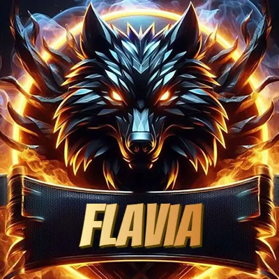 Diseño agresivo y poderoso de cabeza de lobo con ojos brillantes y halo de fuego, nombre incluido. - Flavia