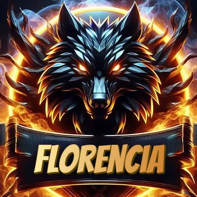 Diseño agresivo y poderoso de cabeza de lobo con ojos brillantes y halo de fuego, nombre incluido. - Florencia