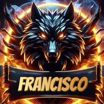 Diseño agresivo y poderoso de cabeza de lobo con ojos brillantes y halo de fuego, nombre incluido. - Francis